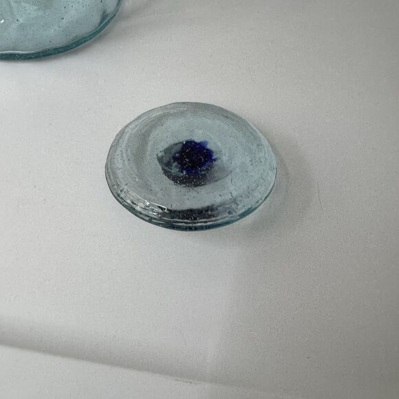 Hand Blown Glass Canister Mexico with lid Blue Rim Biscuit Cookie Jar 6”x4” Farm - Picture 5 of 16